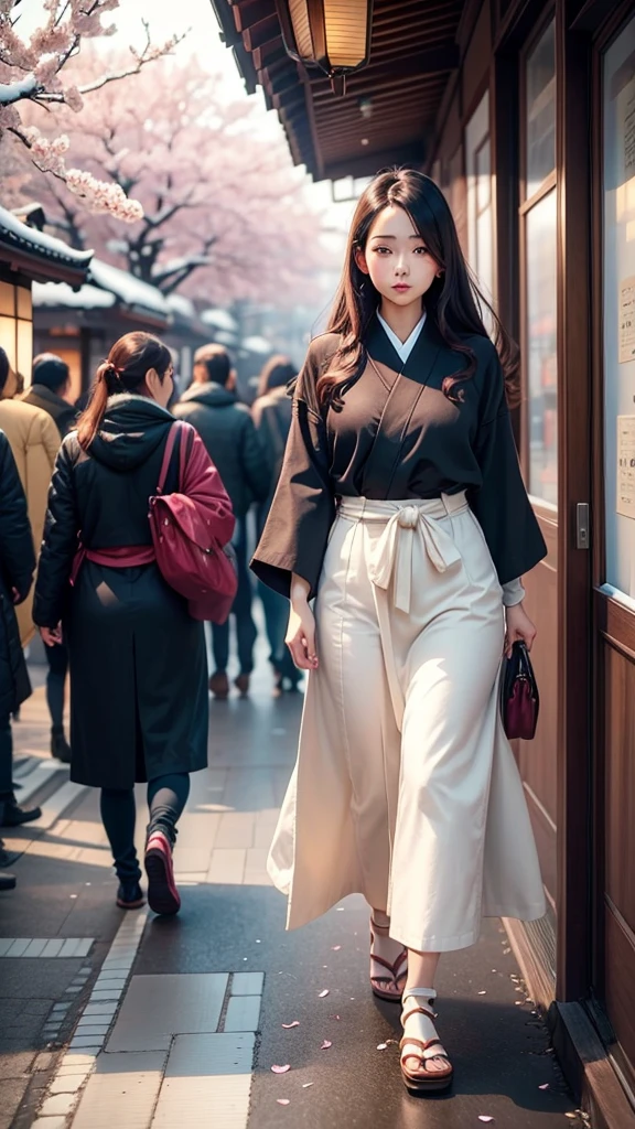 Beautiful young woman, realistic image Living with the aesthetics, atmosphere, strolling around the Japanese city. There are cherry blossoms and snow. Wide viewing angle