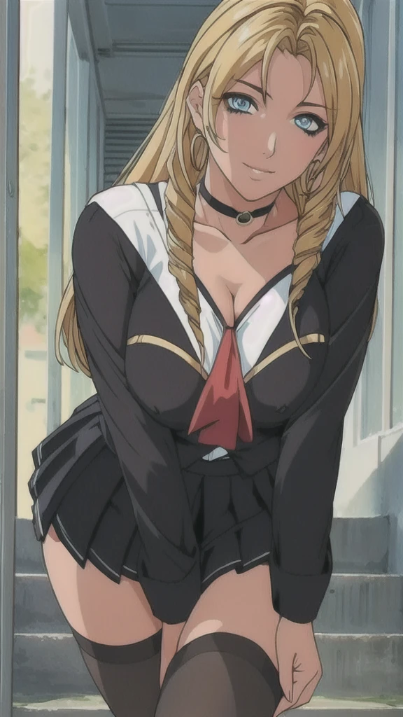 ((Correct Anatomy)),(Detailed image quality),(Female student)、((school uniform))、((Sailor suit))、(Mini Pleated Skirt),(((Black Stockings))),((School Uniform)),((standing)),Ultra-high resolution,Mature Woman, Mature Woman, Very detailed,Sunburned skin,Brown Skin,((Beautiful legs)), (Big Breasts),((Beautiful feet)),Perfect hands, Detailed fingers, Beautiful details, ((Long blonde hair)),((ponytail)),Black Choker, Earrings,loafers,Perfect Eyes, Captivating eyes,(School stairs)