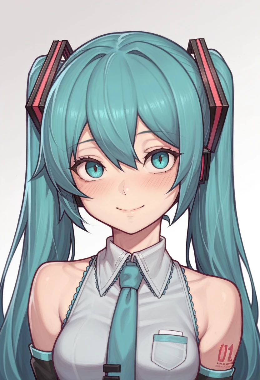 _asura style, 1girl, solo, hatsune_miku, twintails, long_hair, necktie, smile, detached_sleeves, looking_at_viewer, upper_body, shirt, aqua_hair, blush, breasts, white_background, bare_shoulders, aqua_eyes, hair_between_eyes, sleeveless, closed_mouth, simple_background, nail_polish, hair_ornament, bangs, small_breasts, grey_shirt, very_long_hair, collared_shirt, sleeveless_shirt, aqua_necktie, aqua_nails, long_sleeves, black_sleeves