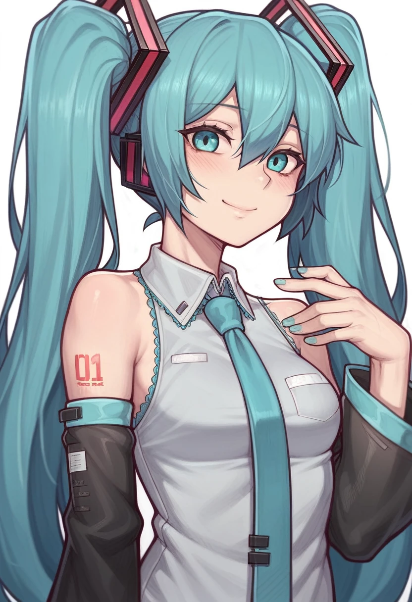 _asura style, 1girl, solo, hatsune_miku, twintails, long_hair, necktie, smile, detached_sleeves, looking_at_viewer, upper_body, shirt, aqua_hair, blush, breasts, white_background, bare_shoulders, aqua_eyes, hair_between_eyes, sleeveless, closed_mouth, simple_background, nail_polish, hair_ornament, bangs, small_breasts, grey_shirt, very_long_hair, collared_shirt, sleeveless_shirt, aqua_necktie, aqua_nails, long_sleeves, black_sleeves