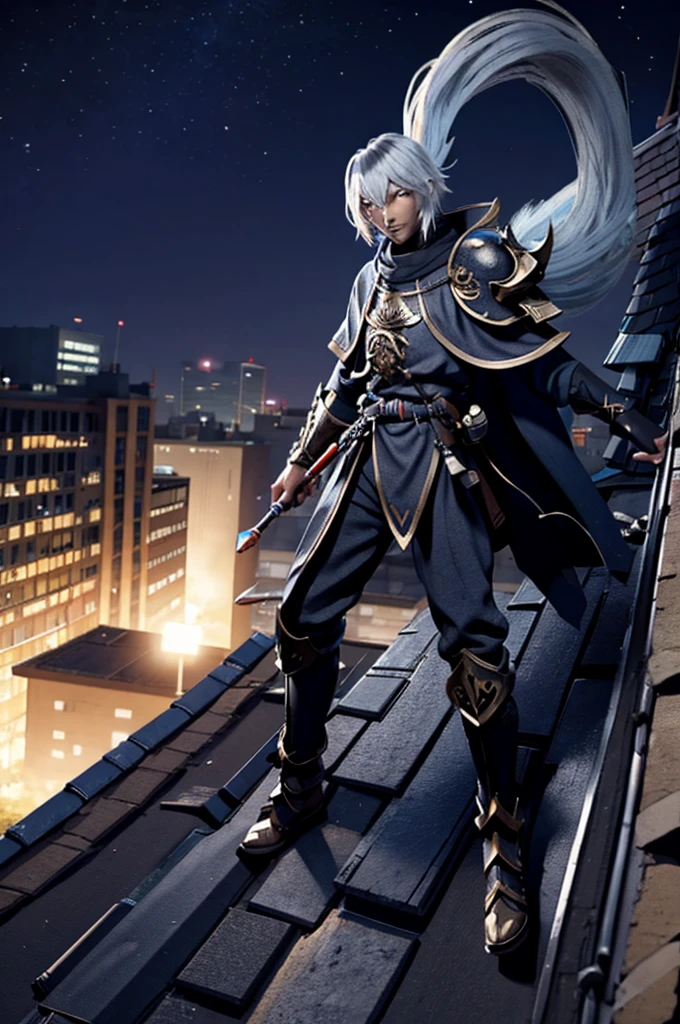 cool knight somurai on the roof of a building at night