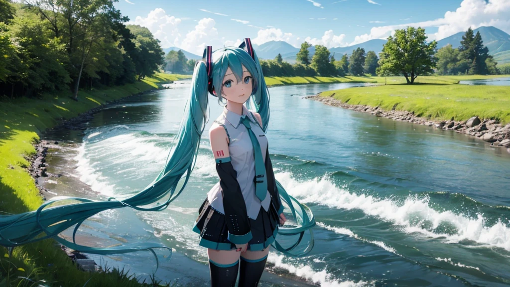 There is Hatsune Miku with Irish grass and river in the background.。
