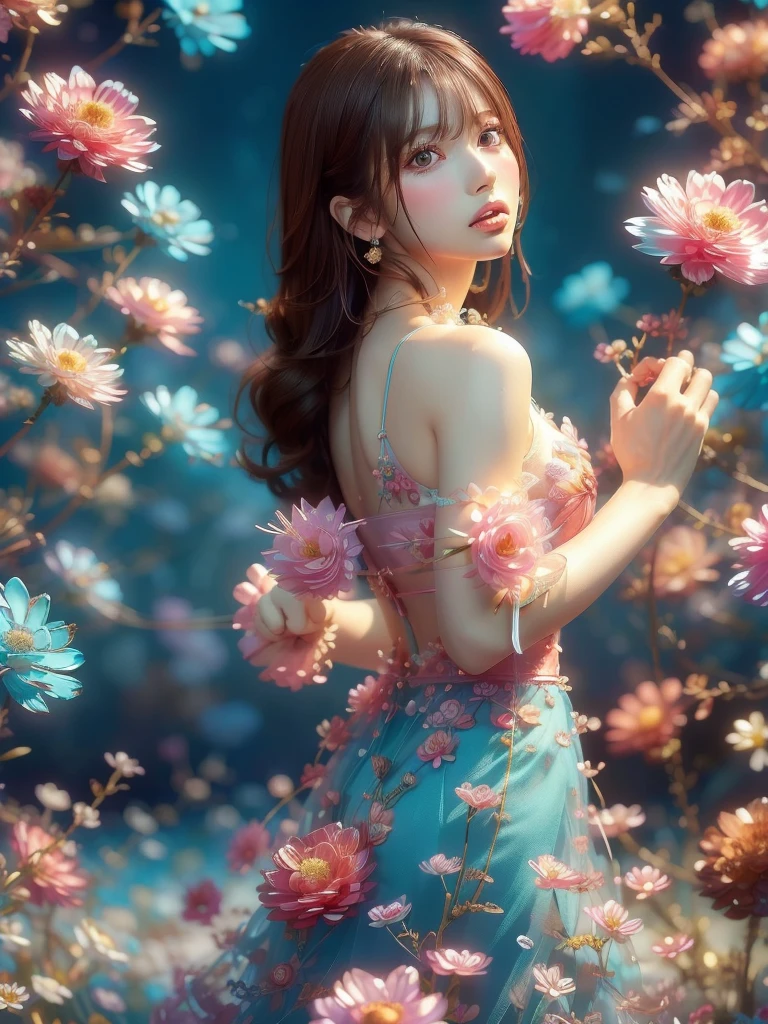 (Fashion magazines are a big hit:1.2),(Attractive woman:1.3),(Beautiful and delicate eyes:1.2),(Fashion clothing design:1.2),(Tulle texture:1.1),turquoise Flowers,surrounded by Flowers,Transparent dew,Fresh and elegant,(Flowers blooming wildly:1.2),Delicate buds,Turquoise blue atmosphere,(masterpiece:1,2),Highest quality,masterpiece,High resolution,original,Highly detailed wallpaper,Perfect lighting,(Extremely detailed CG:1.2)Flowers,turquoise Flowers,full_body, Huge_chest, whole body、(((Brown Hair 1.5)))、Transparent muscle、Whitening、Graceful pose 1.5、Pink Dress 1.4