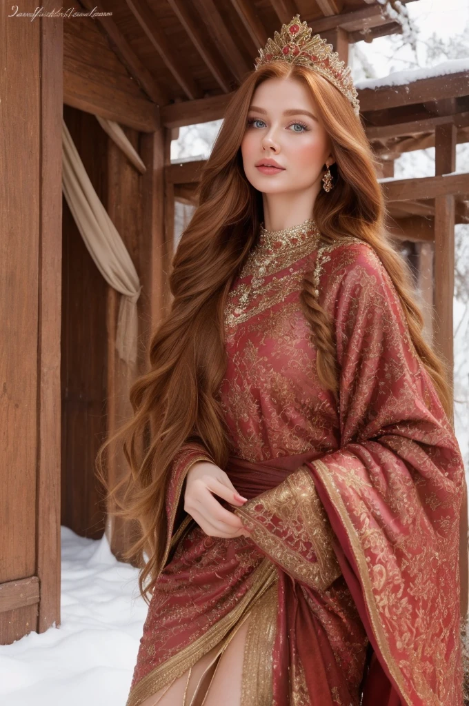 A gorgeous, pretty, shiny, kind-hearted, warm-hearted, sweet, polite, sensitive, friendly, charming, graceful, stylish, glamorous, classy, alluring, majestic, ethereal, angelical ginger long haired russian woman dressed in traditional winter costumes.