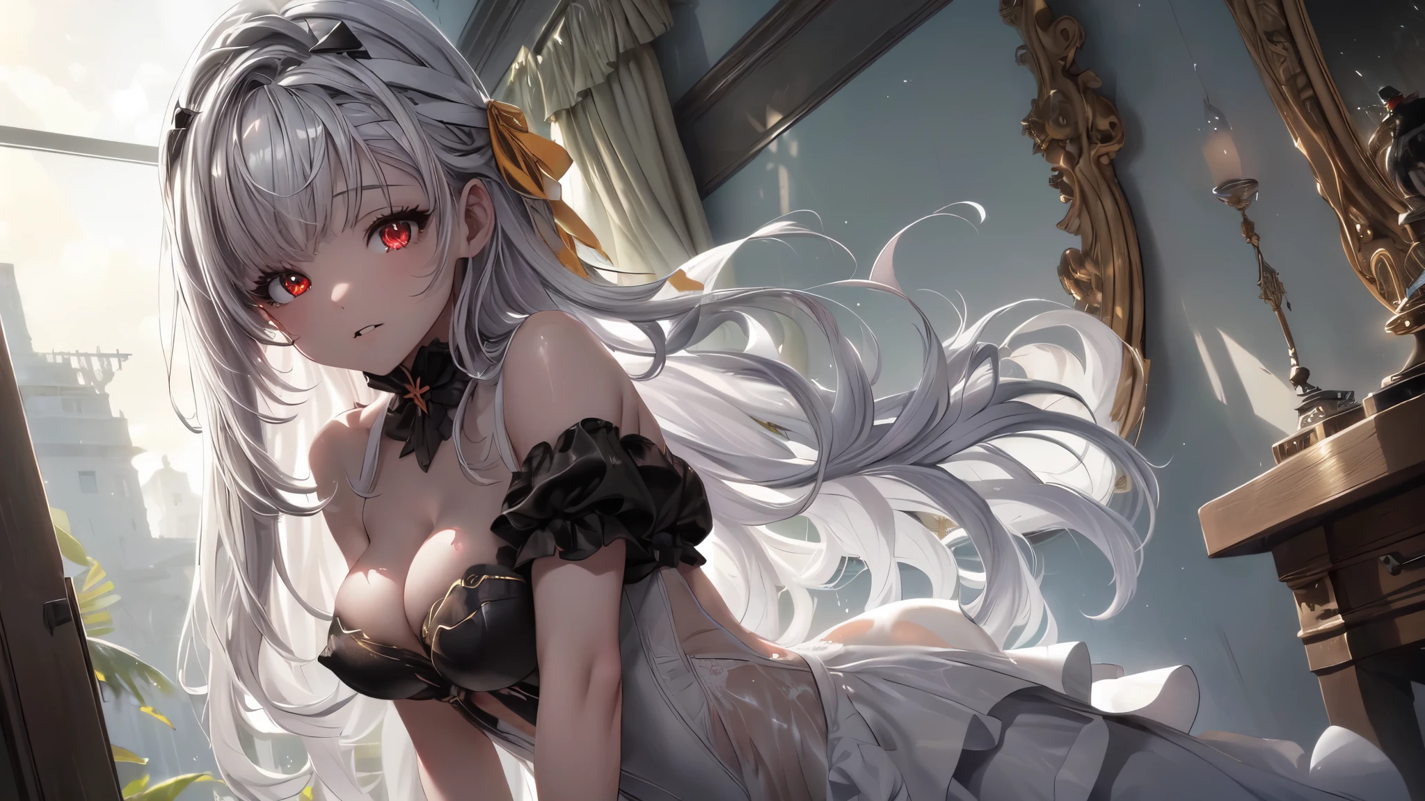 ((((Obra maestra, La mejor calidad, ultrahigh resolution)))), 1girl, standing, (cute maid costume), ((long pure silver hair and grey mesh hair, hair over eye)), long hair cut, pale skin, ((red eyes)), glowing_eyes, neon eyes, (ultra detailed eyes:0.7, beautiful and detailed face, detailed eyes:0.9), ((centered)), smile, ((wide shot)), facing viewer, ((vibrant background, bright lighting, summer, sunlight)), flat chested, looking at viewer, ((half closed eyes)), ((perfect hands)), (((head:1, arms, hips in view, elbows, arms, legs, in view))), ((hands behind back)), empty eyes, beautiful lighting, ((outside, outdoors)), defined subject, head tilt, (((gritty)), ((creepy)), ((cool)), ((beautiful)), (((SFW)))