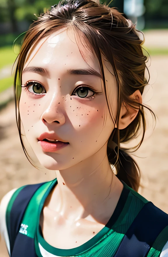 Highest quality、Realistic、Japanese、girl、zoom、look up、cute、Green Eyes、Braid、freckles、Chestnut Hair、Back to all、The forehead is protruding、playground、Gym suit、walk short distance、Sweat、Bust Shot、thin、Small breasts