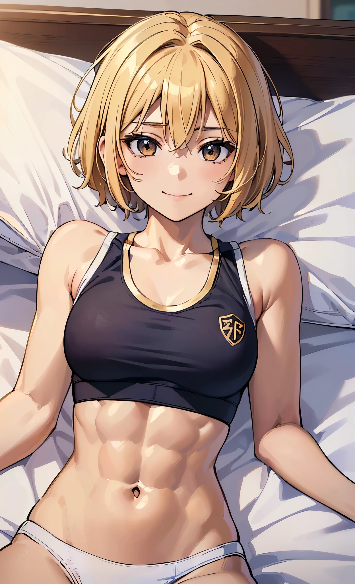 masterpiece, best quality, ultra detailed, ultra high resolution, very detailed face, solo, ((anime), 20 years old girl, (((sports bra, pantie))), ((golden short hair)), (((medium breast))), (six pack abs:1.2), (((put hands around the navel))), ((little smile)), (((lying on the bed))), indoor