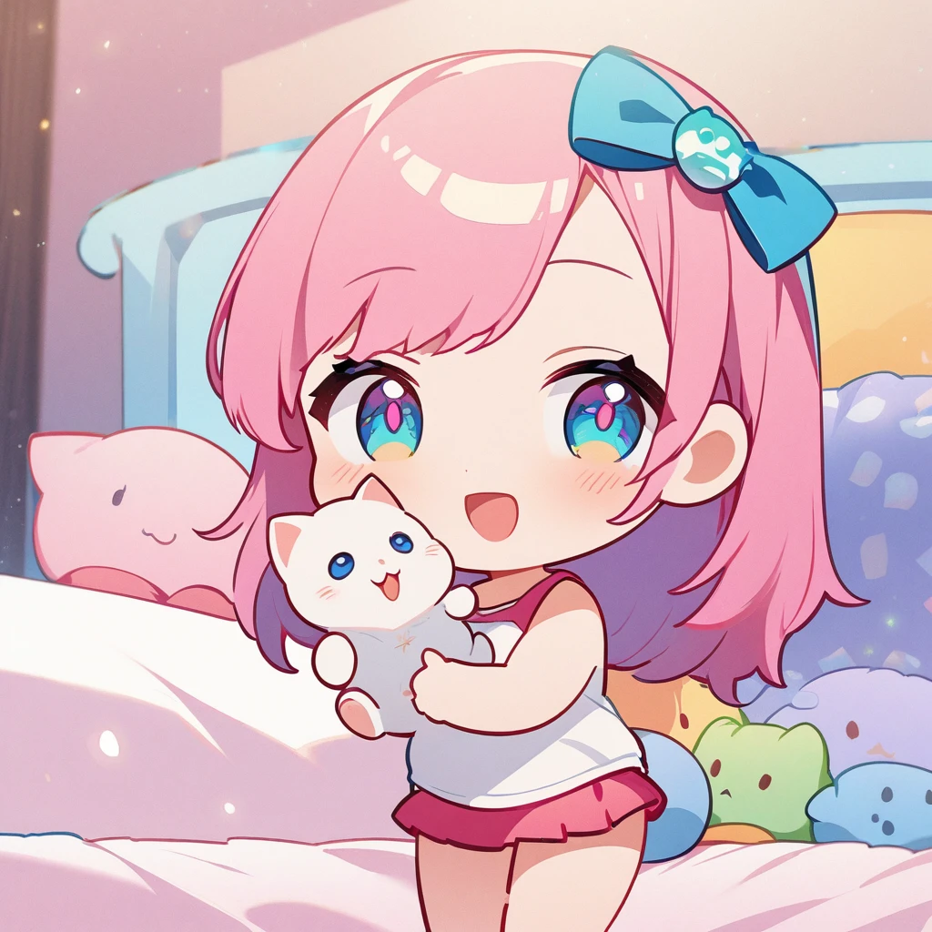 masterpiece、Highest quality、Depth of subject、((2D illustration))、1 beautiful girl、((colorful))、(((chibi style)))、((Long, beautiful hair))、Bright pink hair、ribbon、cute、Beautifully detailed eyes、Tank top、((mini skirt))、(((vivid con the room))、((bed))、stuffed toy、((medium shot))、((Very happy face))、((Holding a kitten))、((There&#39;s a lot of pink around))、((Lens flare))、White light is shining、Sunbeam、My whole body was filled with light、Cinematic lighting、Full body lighting