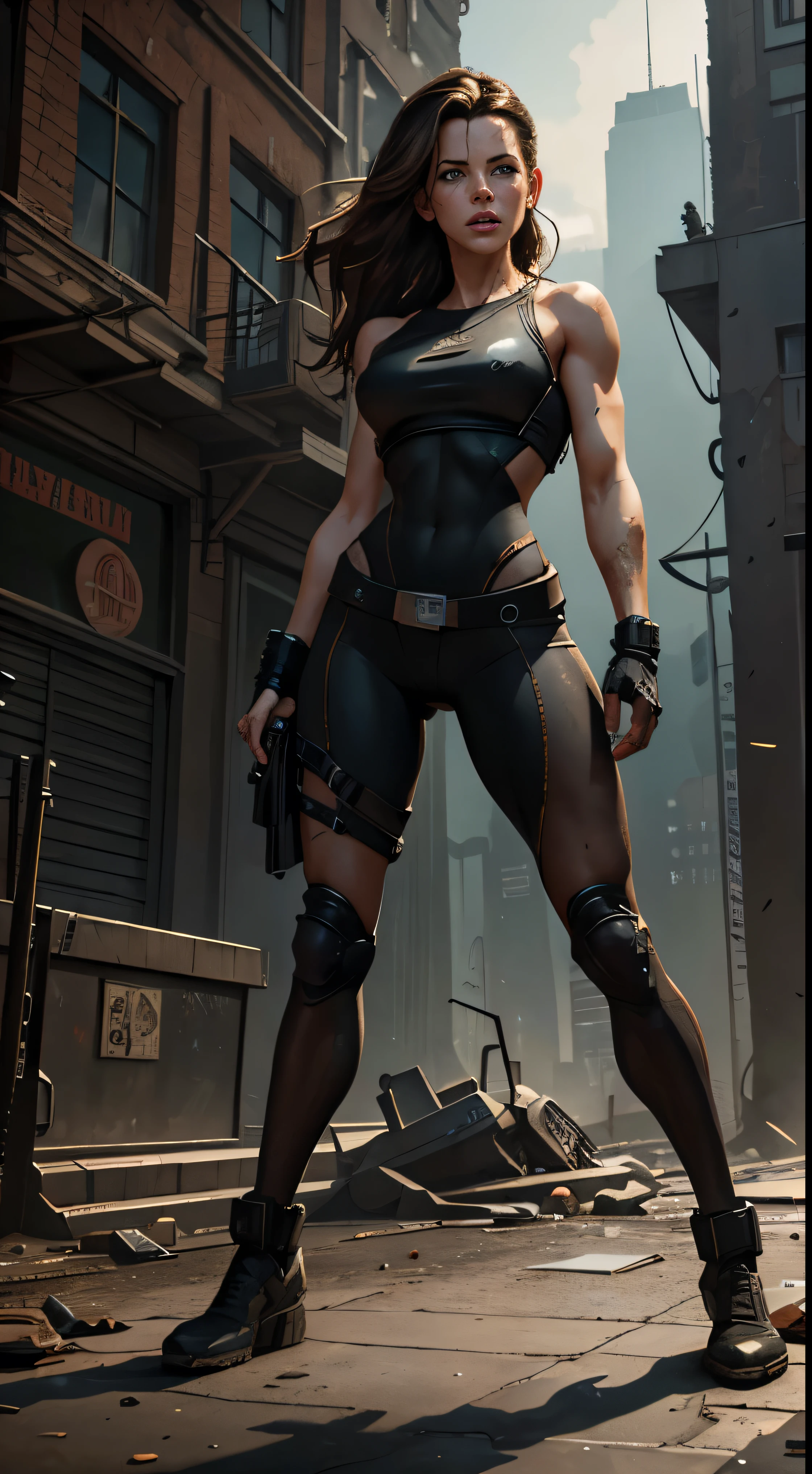 Full body shot, Muscular gym fit, Foto hiperrealista en primer plano de Kate Beckinsale, masterpiece, best quality, (photorealistic:1.4), Create dystopian masterpieces. Depict the cityscape in the gritty style of the game's concept art. This work should evoke a sense of abandonment and despair in a futuristic, post-apocalyptic world. Notice the intricacies of detail, the sharp focus.