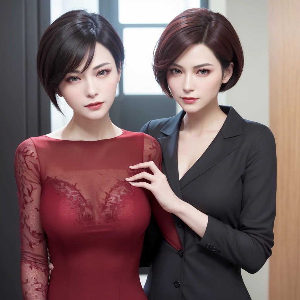 Ada Wong, beautiful face, detailed, bob hair, perfect Face, wearing red dress, black nail polish, friendly face, glare, shy & Peter Parker, handsome face, detailed, brown hair, blue eyes, perfect face, wearing a black suit, friendly face, glare. (Pose hugging)