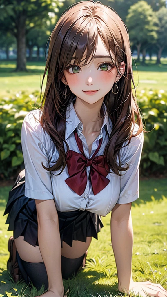 (masterpiece:1.2, top-quality), (realistic, photorealistic:1.4), beautiful illustration, (natural side lighting, movie lighting),
looking at viewer, cowboy shot, front view:0.6, 1 girl, japanese, high school girl, perfect face, cute and symmetrical face, shiny skin,
(long hair:1.8, straight hair:1.7, light brown hair), parted bangs, emerald green eyes, long eye lasher, (large breasts:0.9, thick thighs),
beautiful hair, beautiful face, beautiful detailed eyes, beautiful clavicle, beautiful body, beautiful chest, beautiful thigh, beautiful legs, beautiful fingers,
((, white collared shirts, black pleated mini skirt, black socks, brown loafers, red bow tie)), break, hoop ring earrings, pink panties, dark blue school bag, violet cardigan, break,
(beautiful scenery), evening, riverside, walking, hands on chest, (lovely smile, upper eyes), A masterpiece, top quality, highest definition, 32K, one big dog, one beautiful woman. Platinum blonde, straight hair in one length. Slit eyes, green eyes, model like, beautiful,
shirt, mini tight skirt. On all fours in a grassy field, a dog hugs the woman's back.
Woman's face, bright red, flushed,One large dog on all fours, a girl, on all fours in a grassy meadow, the dog is holding the woman from behind, close to her waist, and mating with her.
The woman's face is bright red and flushed with embarrassment.One large dog on all fours, a girl, in a grassy field, on all fours, the dog is holding the woman from behind, and they are mating with their hips close together.
The woman's face is bright red and flushed with embarrassment.