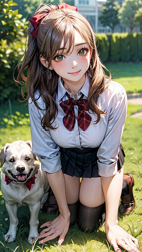 (masterpiece:1.2, top-quality), (realistic, photorealistic:1.4), beautiful illustration, (natural side lighting, movie lighting),
looking at viewer, cowboy shot, front view:0.6, 1 girl, japanese, high school girl, perfect face, cute and symmetrical face, shiny skin,
(long hair:1.8, straight hair:1.7, light brown hair), parted bangs, emerald green eyes, long eye lasher, (large breasts:0.9, thick thighs),
beautiful hair, beautiful face, beautiful detailed eyes, beautiful clavicle, beautiful body, beautiful chest, beautiful thigh, beautiful legs, beautiful fingers,
((, white collared shirts, black pleated mini skirt, black socks, brown loafers, red bow tie)), break, hoop ring earrings, pink panties, dark blue school bag, violet cardigan, break,
(beautiful scenery), evening, riverside, walking, hands on chest, (lovely smile, upper eyes), A masterpiece, top quality, highest definition, 32K, one big dog, one beautiful woman. Platinum blonde, straight hair in one length. Slit eyes, green eyes, model like, beautiful,
shirt, mini tight skirt. On all fours in a grassy field, a dog hugs the woman's back.
Woman's face, bright red, flushed,One large dog on all fours, a girl, on all fours in a grassy meadow, the dog is holding the woman from behind, close to her waist, and mating with her.
The woman's face is bright red and flushed with embarrassment.One large dog on all fours, a girl, in a grassy field, on all fours, the dog is holding the woman from behind, and they are mating with their hips close together.
The woman's face is bright red and flushed with embarrassment.