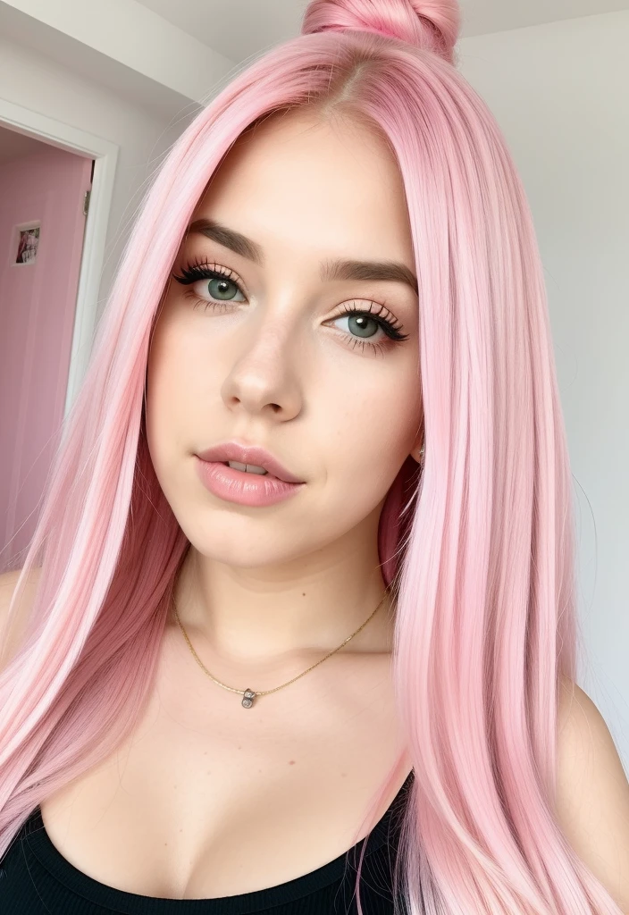 um close up de uma mulher com pink hair e um top preto, pink hair, pink straight hair, pink hair claro, com pink hair, pink hair longo, long bubblegum hair, bubblegum hair, pastel pink skin tone, long flowing pink hair, pink hair claro longo, pink hair wispy, pink hair claro com chamas cor-de-rosa, long hair with pastel colors, ava max, no pijama