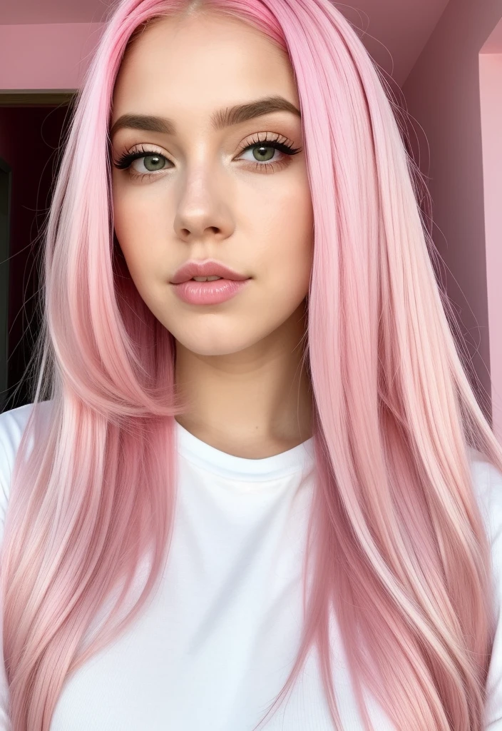 um close up de uma mulher com pink  hair e um top preto, pink  hair, pink straight hair, pink  hair claro, com pink  hair, pink  hair longo, long bubblegum hair, bubblegum hair, pastel pink skin tone, long flowing pink hair, pink  hair claro longo, pink  hair wispy, pink  hair claro com chamas cor-de-rosa, long hair with pastel colors, ava max, no pijama 