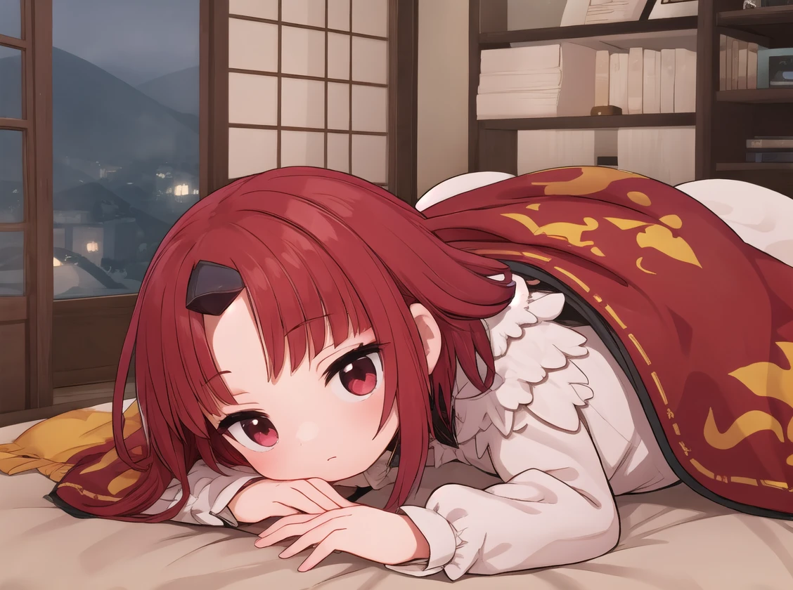 masterpiece,best quality,1girl,Me_enma,short hair,bangs,parted bangs,red hair,wide sleeves,long sleeves,japanese clothes,sleeves past wrists,Lying face down:1.2,Perfect Legs,Sleeping Under,Ryokan room,