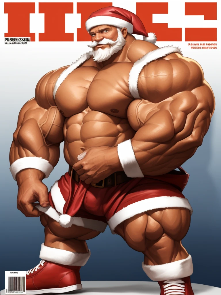 Magazine cover. Duo, 2boys, 2 boys, grandpa and grand son, perfect anatomy, ground view, wrinkles skin, low shoot, down view, perfect proportion, thick body, thick thighs, big red bag, big eyes, smile, santa claus, perfect fingers, big hand, fingers. Huge Muscular Old man with short hair, shoes ,(white shorts), view from side, pectoral, thick arms, huge pectoral, wide pectoral, white hair, white beards, simple background, masterpiece, semirealistic:1.2, high detailed, 8k, high resolution, perfect center, full view. ((really big muscle, massive muscular, sixpack, thick arms, wide pectoral, super huge muscle, hyper muscular, over sized muscle, huge arms, big arms, huge pectoral)). Kids, little kids, son