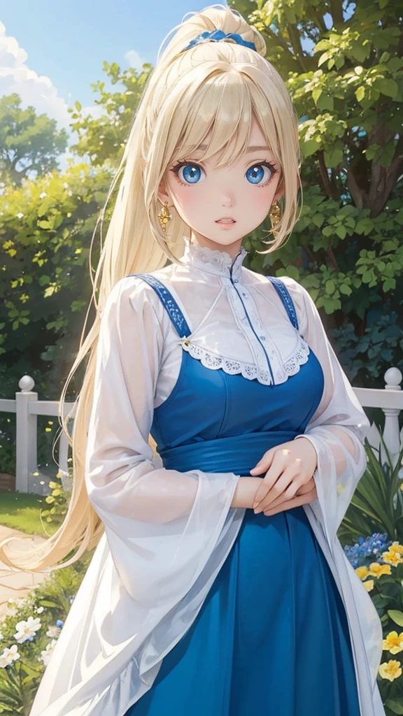 (masterpiece:1.2), (highest quality:1.2),, Curvy but slender body, Perfect Eyes, Perfect Face, Perfect lighting, 1 girl, in the garden, (blouse),(whole bodyショット),(Long skirt),(ponytail), Quality clothing, Detailed outdoor background, Compensate, eye shadow, Thick eyelashes, Fantasy, Looking at the audience, whole body、blue sky、Bright and very beautiful face、Young and shiny white glossy skin、The ultimate beauty、The most beautiful light blonde hair in the world、Thin Hair、Long Hair、Shiny beautiful bangs、Big, bright blue eyes、Very beautiful and lovely 18 year old, The most beautiful girl in the world、Small breasts