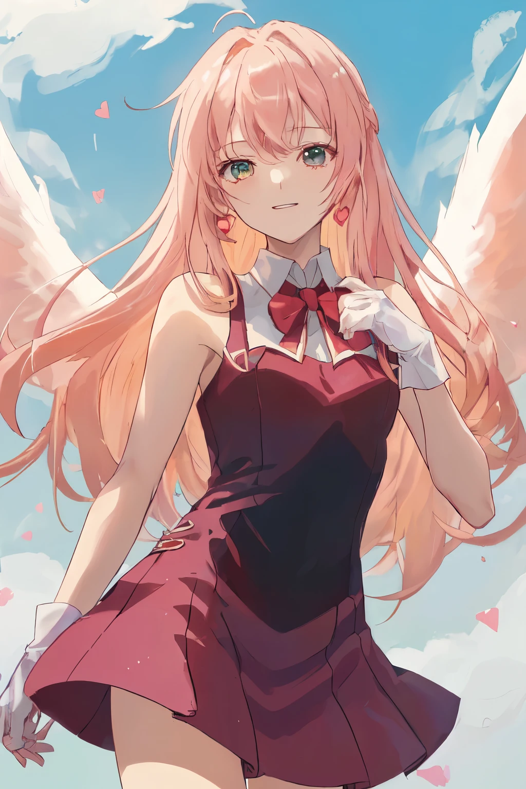1_girl, (anime, kawai:2), (masterpeice, best_quality, clean:1.5), (sky_background:1.2), (cute, cute_smile, young:1.5), (delicate, beautiful, thin:1.5), (girlfriend, angel:1.8), (green_eyes, simple_eyes:1.5) (long_hair, blond_hair, wearing_pink_dress, pink_angel_wings, sexy_gloves:1.5), extremely_delicate, (love_magic:1.5), (age_size_fits_body), (small_thighs:1.3), (breasts), (eye_level:1.3), (heart_magic, love:1.5)