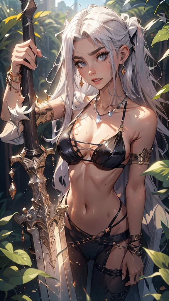 （lifelike， high - resolution：1.3）， 1 girl with a perfect body，slender body, Super fine face and eyes，assasin, dark makeup, shiny skin，white hair, (jungle bikini, animal print micro bikini)，Expose cleavage, (bracelets, tooth jewelry, a lot of necklaces, very long necklaces, necklaces down to stomach, body chains, waist chains), leaning forward, greatsword, giant sword

