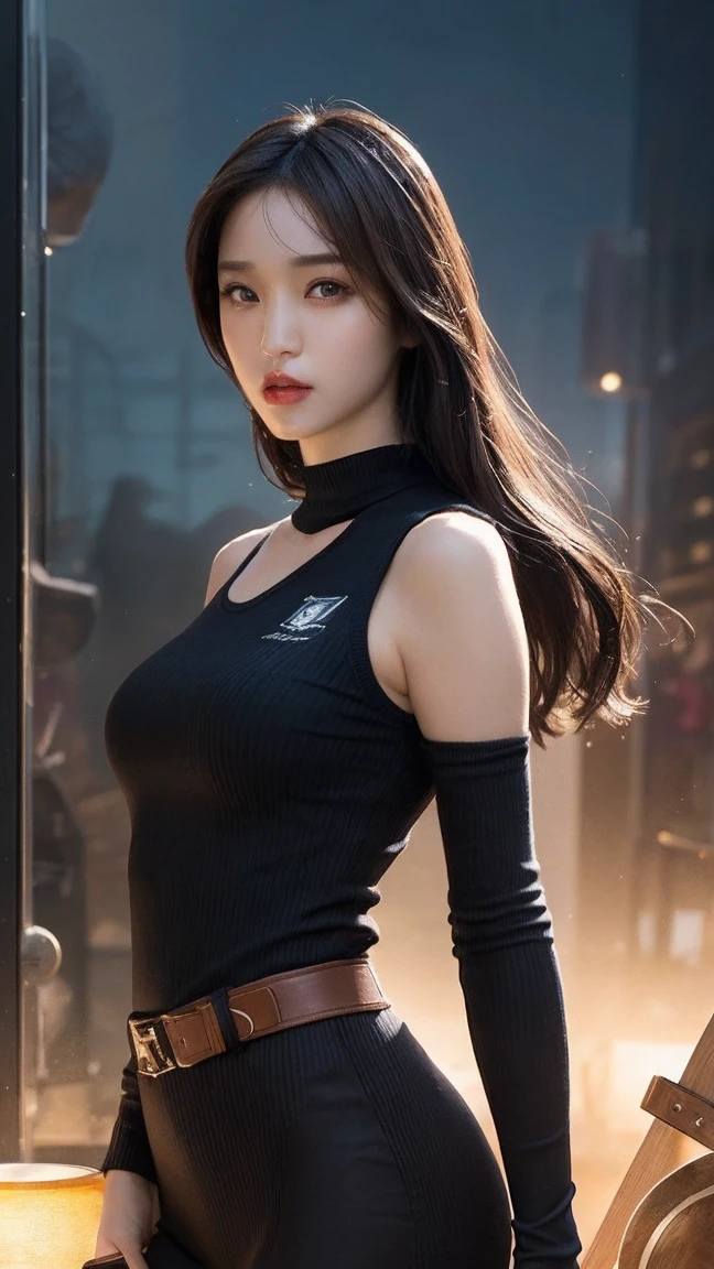 Fantasy Art, Photorealism, Dynamic Lighting, Art Station, poster, Volumetric Lighting, Very detailed face, (Official uniform: 1.4), Long hair, sweater, Delicate clavicle, Bare shoulders, full, slim body, full-body shot 