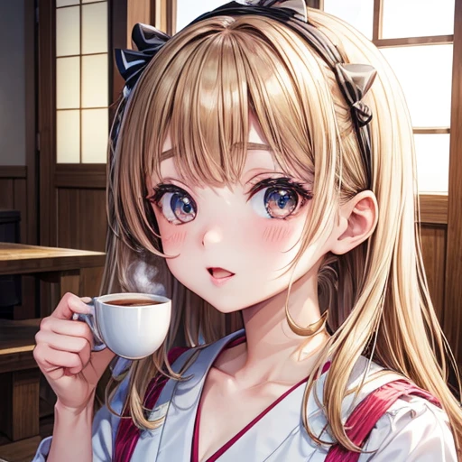 A young girl is holding a coffee cup in her hand, Girl cute beautiful face, Cute natural anime face, With a cute - lovely - face, sakimi chan, Chiho, Yoshitomo Nara, Young and pretty face, Beautiful Japanese girl face, 茶色の髪とBig eyes, pretty girl, Beautiful light、Big eyes