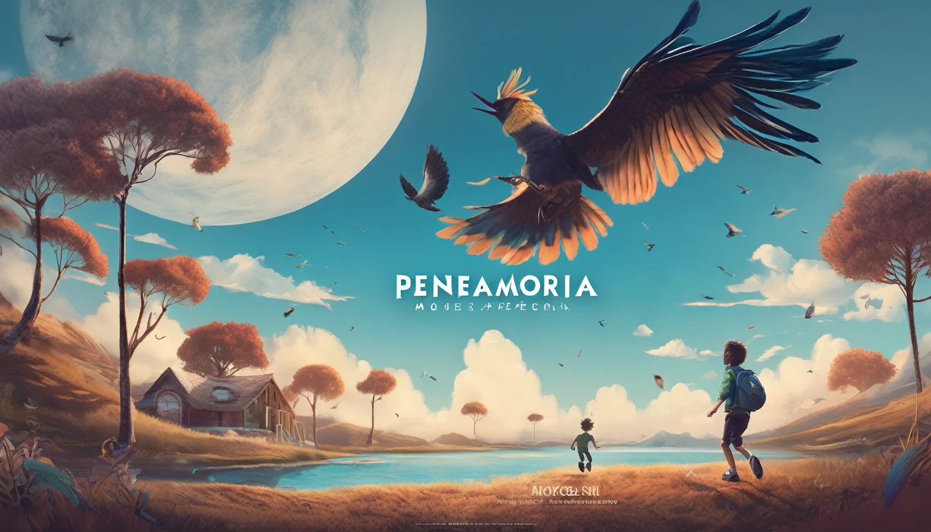 Create a professional, fantastic, cinematic Youtube Banner for a brand about music and stories called " Penamemoria". Masterpiece, 4k, sharp focus, highest quality,wide shot. The title is " Penamemoria". Is a brand about the creative, unique journey of a boy into becoming a musician storyteller. In his journey he finds inspiration in a world of birds and feathers. Minimalistic, simple, poetic, dreamy logotype at the center of the image. The Background image is a world full of fantastic feathers, unique birds, light blue sky, and a boy running happily into the horizon with an acoustic guitar in his right hand. Boy running against the wind, almost simulating like he is flying