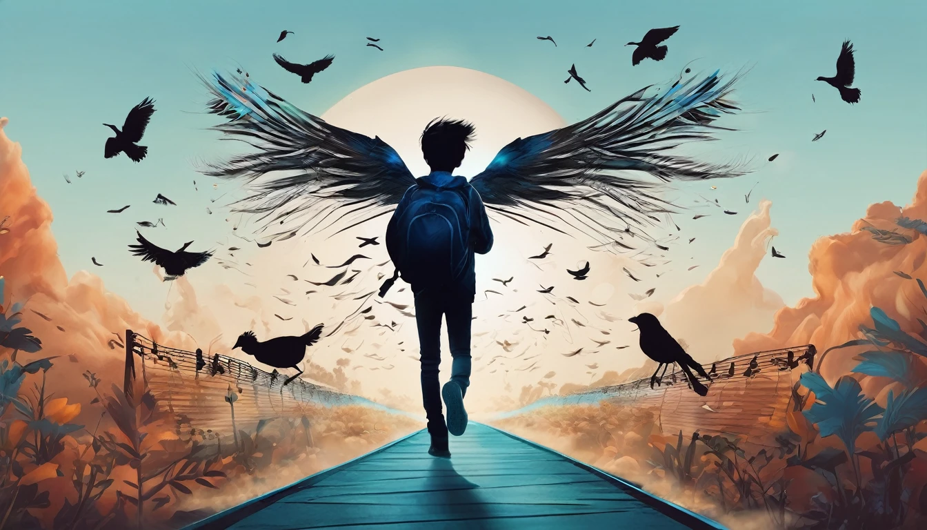 Create a professional, fantastic, cinematic Youtube Banner for a brand about music and stories called " Penamemoria". Masterpiece, 4k, sharp focus, highest quality,wide shot. The title is " Penamemoria". Is a brand about the creative, unique journey of a boy into becoming a musician storyteller. In his journey he finds inspiration in a world of birds and feathers. Minimalistic, simple, poetic, dreamy logotype at the center of the image. The Background image is a world full of fantastic feathers, unique birds, light blue sky, and a boy running happily into the horizon with an acoustic guitar in his right hand. Boy running against the wind, almost simulating like he is flying