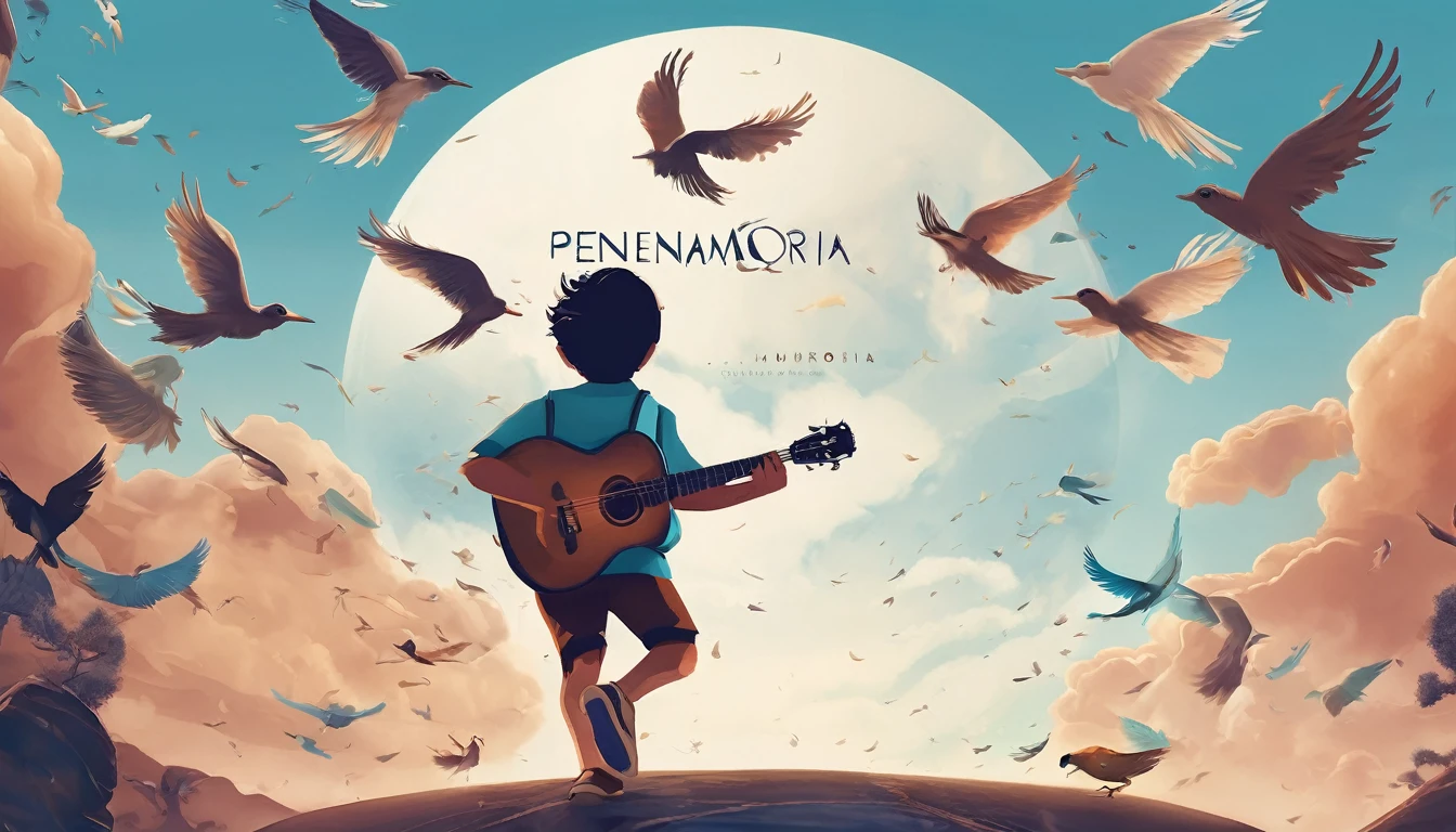 Create a professional, fantastic, cinematic Youtube Banner for a brand about music and stories called " Penamemoria". Masterpiece, 4k, sharp focus, highest quality,wide shot. The title is " Penamemoria". Is a brand about the creative, unique journey of a boy into becoming a musician storyteller. In his journey he finds inspiration in a world of birds and feathers. Minimalistic, simple, poetic, dreamy logotype at the center of the image. The Background image is a world full of fantastic feathers, unique birds, light blue sky, and a boy running happily into the horizon with an acoustic guitar in his right hand. Boy running against the wind, almost simulating like he is flying