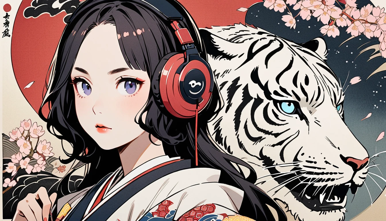 Highest quality, Katsushika Hokusai, Ink Painting, (((very straight longhair))), (((1 girl))), (((cherry blossoms))), Japanese style headphones, beautiful girl, Black Hair, Delicate and precise, Modern ukiyo-e style, White Tiger