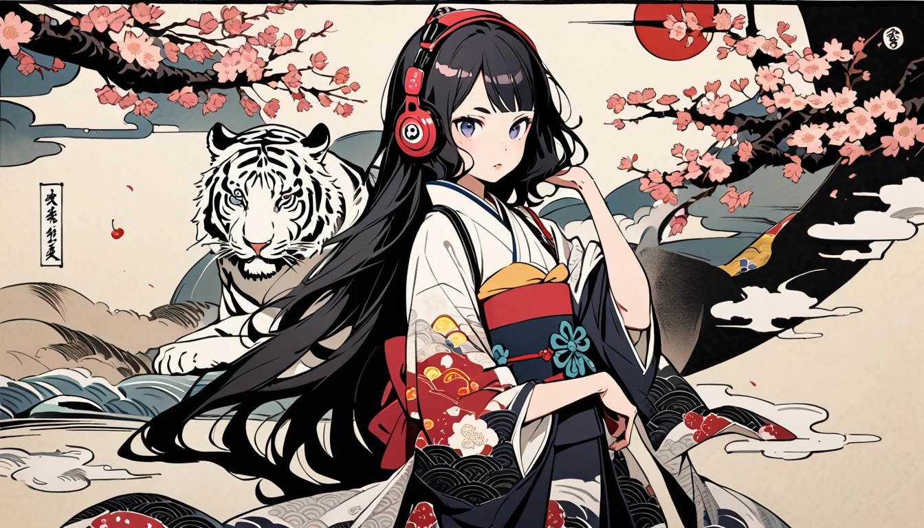Highest quality, Katsushika Hokusai, Ink Painting, (((very straight longhair))), (((1 girl))), (((cherry blossoms))), Japanese style headphones, beautiful girl, Black Hair, Delicate and precise, Modern ukiyo-e style, White Tiger