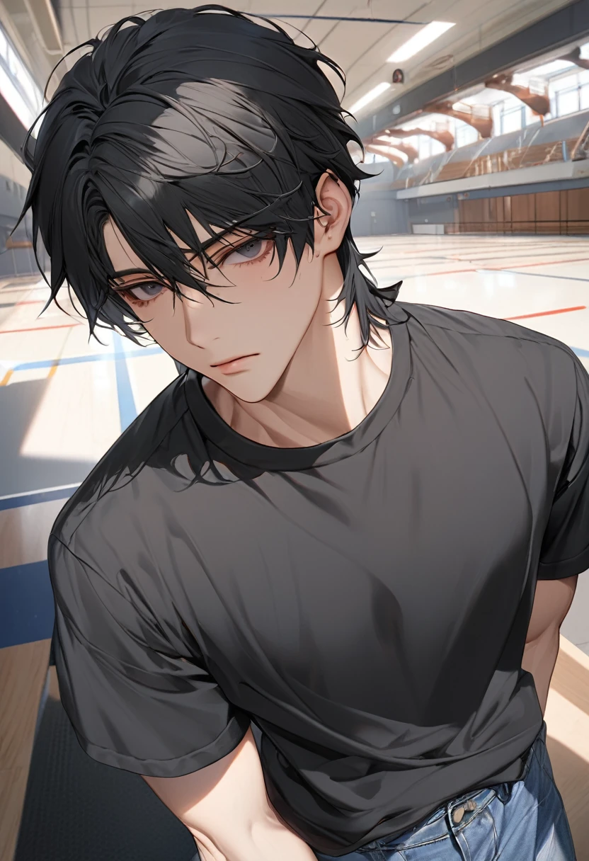A highschool boy, handsome, perfect body, black hair, short hair, mullet, black eyes, upturned eyes, expressionless, black shirt, anime, first-person view, masterpiece, anatomically correct, high details, highres, best quality, super detail, 1080P