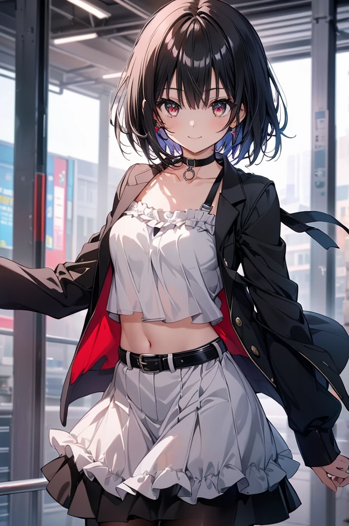 (masterpiece, highest quality, highest quality, (No text), Beautiful and aesthetic:1.2),No text,アニメ、BREAK,One Girl，Black Hair Girl　short hair　older sister　choker　Tree Eyes　Beautiful eyes　Red eyes　cool　smile　Red and Black　Black jacket　mini skirt　whole body　In town