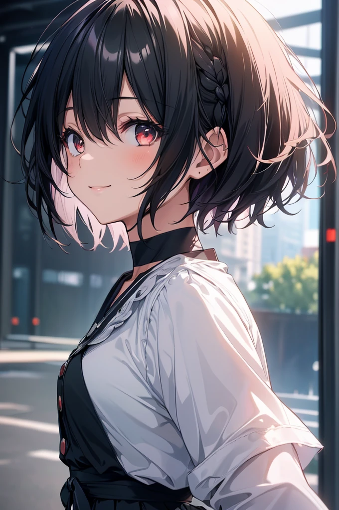(masterpiece, highest quality, highest quality, (No text), Beautiful and aesthetic:1.2),No text,アニメ、BREAK,One Girl,Black Hair Girl short hair older sister choker Tree Eyes Beautiful eyes Red eyes cool smile Red and Black Black jacket mini skirt whole body In town