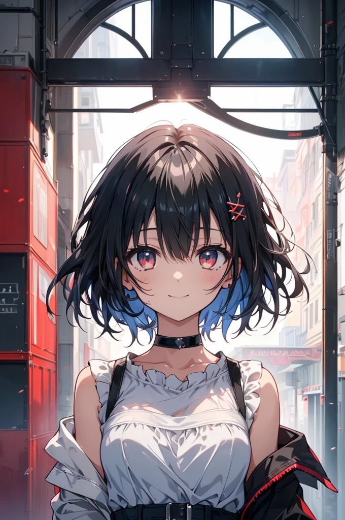 (masterpiece, highest quality, highest quality, (No text), Beautiful and aesthetic:1.2),No text,アニメ、BREAK,One Girl,Black Hair Girl short hair older sister choker Tree Eyes Beautiful eyes Red eyes cool smile Red and Black Black jacket mini skirt whole body In town