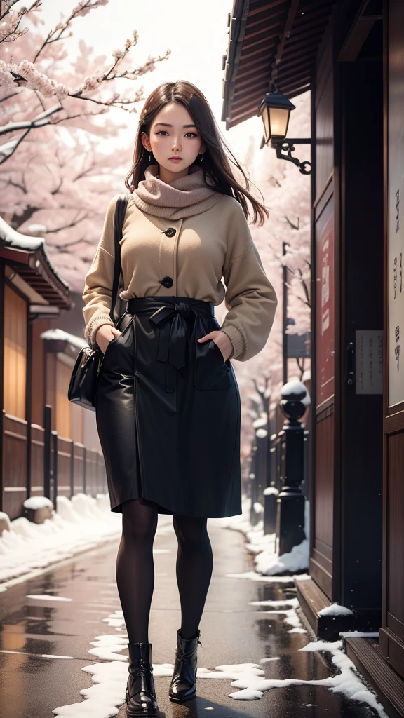 Beautiful young woman, realistic image Living with the aesthetics, atmosphere, strolling around the Japanese city. There are cherry blossoms and snow. Wide viewing angle