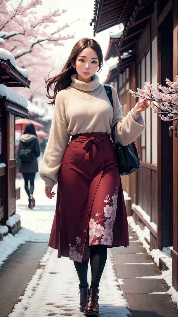 Beautiful young woman, realistic image Living with the aesthetics, atmosphere, strolling around the Japanese city. There are cherry blossoms and snow. Wide viewing angle