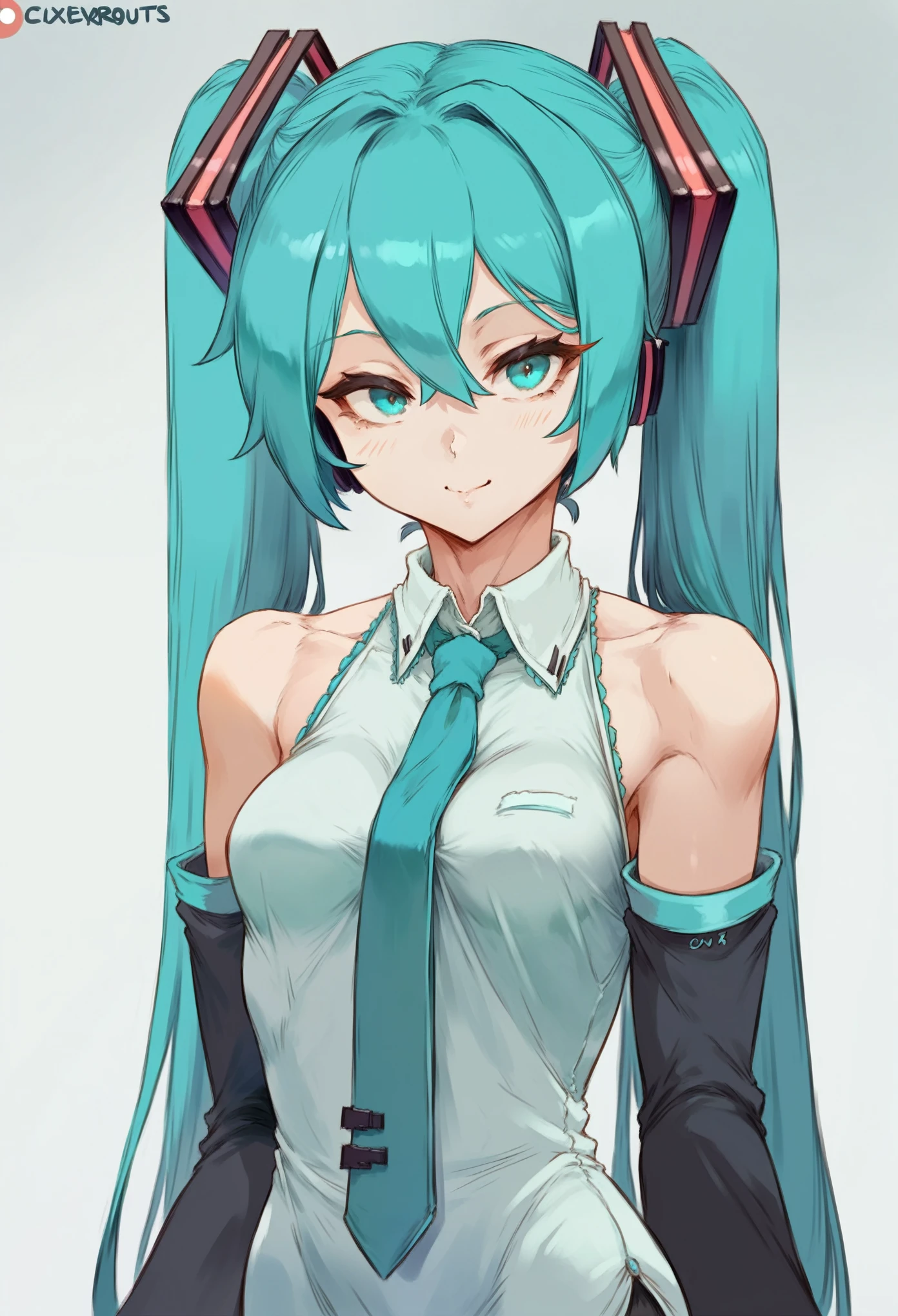 Cutesexyrobutts style, 1girl, solo, hatsune_miku, twintails, long_hair, necktie, smile, detached_sleeves, looking_at_viewer, upper_body, shirt, aqua_hair, blush, breasts, white_background, bare_shoulders, aqua_eyes, hair_between_eyes, sleeveless, closed_mouth, simple_background, nail_polish, hair_ornament, bangs, small_breasts, grey_shirt, very_long_hair, collared_shirt, sleeveless_shirt, aqua_necktie, aqua_nails, long_sleeves, black_sleeves