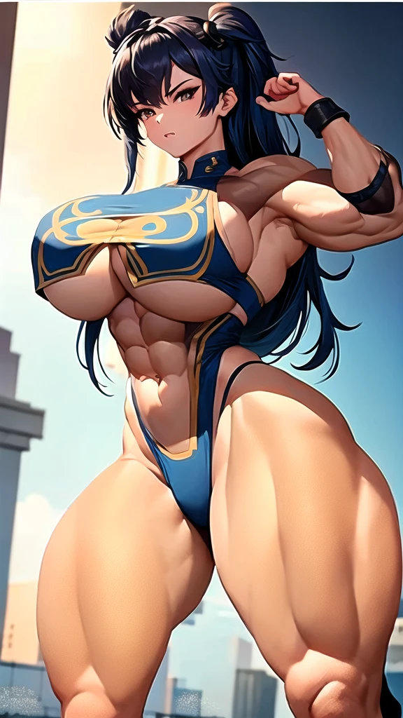 a close-up of a person standing on a platform with a body, muscular characters, Chun Li na academia, muscular!!, bursting with muscles, strongest pose, muscular!, Super strong and cool, giantess art, strong pose, big muscles, muscular thighs, muscular bodies, muscular!! Sci-fi, exaggerated physique, muscular! fancy, strong and imposing