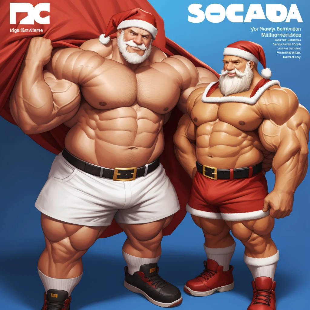 Magazine cover. Duo, 2boys, 2 boys, grandpa and grand son, perfect anatomy, ground view, wrinkles skin, low shoot, down view, perfect proportion, thick body, thick thighs, big red bag, big eyes, smile, santa claus, perfect fingers, big hand, fingers. Huge Muscular Old man with short hair, shoes ,(white shorts), view from side, pectoral, thick arms, huge pectoral, wide pectoral, white hair, white beards, simple background, masterpiece, semirealistic:1.2, high detailed, 8k, high resolution, perfect center, full view. ((really big muscle, massive muscular, sixpack, thick arms, wide pectoral, super huge muscle, hyper muscular, over sized muscle, huge arms, big arms, huge pectoral)). Kids, little kids, son