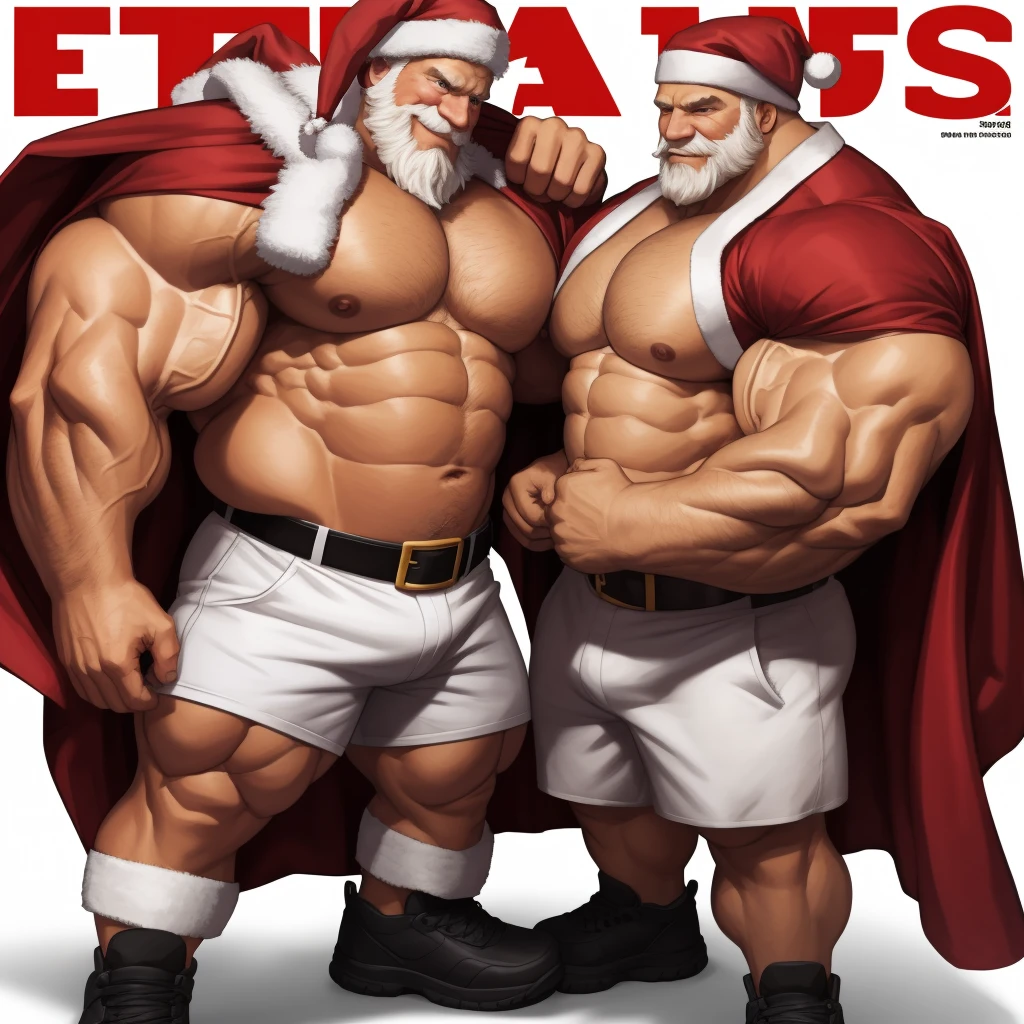 Magazine cover. Duo, 2boys, 2 boys, grandpa and grand son, perfect anatomy, ground view, wrinkles skin, low shoot, down view, perfect proportion, thick body, thick thighs, big red bag, big eyes, smile, santa claus, perfect fingers, big hand, fingers. Huge Muscular Old man with short hair, shoes ,(white shorts), view from side, pectoral, thick arms, huge pectoral, wide pectoral, white hair, white beards, simple background, masterpiece, semirealistic:1.2, high detailed, 8k, high resolution, perfect center, full view. ((really big muscle, massive muscular, sixpack, thick arms, wide pectoral, super huge muscle, hyper muscular, over sized muscle, huge arms, big arms, huge pectoral)). Kids, little kids, son