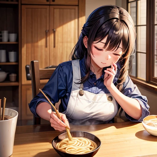 A woman making udon noodles Eyes closed