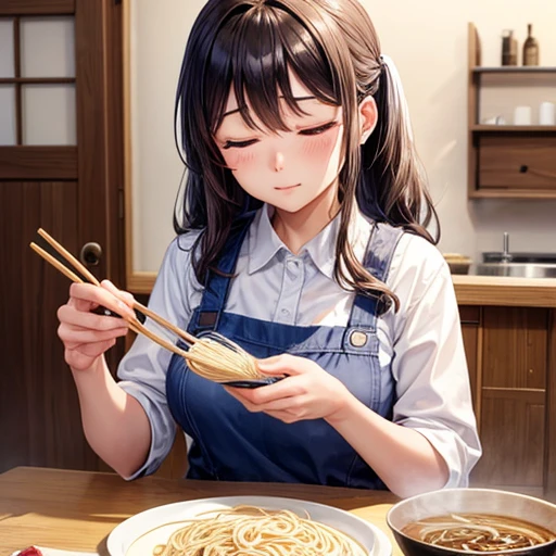 A woman making udon noodles Eyes closed