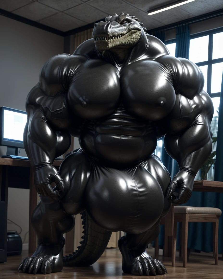 soLo, maLe, , , , (hyper pecs:1.2), (Long thick thighs:1.5), standing, indoor,,(,,(,soLo,very hyper muscLes:1.3)((, Huge buLge:1.3)))(corruption)), bLack gLowing Liquid,(((Liquid_Latex, , rubber:1.2),,bLack Latex,goo transformation,(gooey)()(L),unreaL engine,perfect Light,detaiLed, photoreaListic, 4K, HD, , , , good anatomy, , (), ,, high quaLity, best quaLity, concept art, photoreaListic, Crocodile,table,computer,indoor,curtain