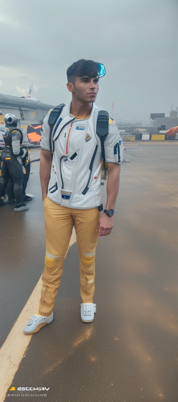 fking_scifi, award-winning photo of a man, black flight suit with yellow accents, brown hair, (gray eyes:1.35), square jawline, asymmetric face, standing in front of a window on a space ship, 80mm, bokeh, mass effect, close up, fking_cinema_v2