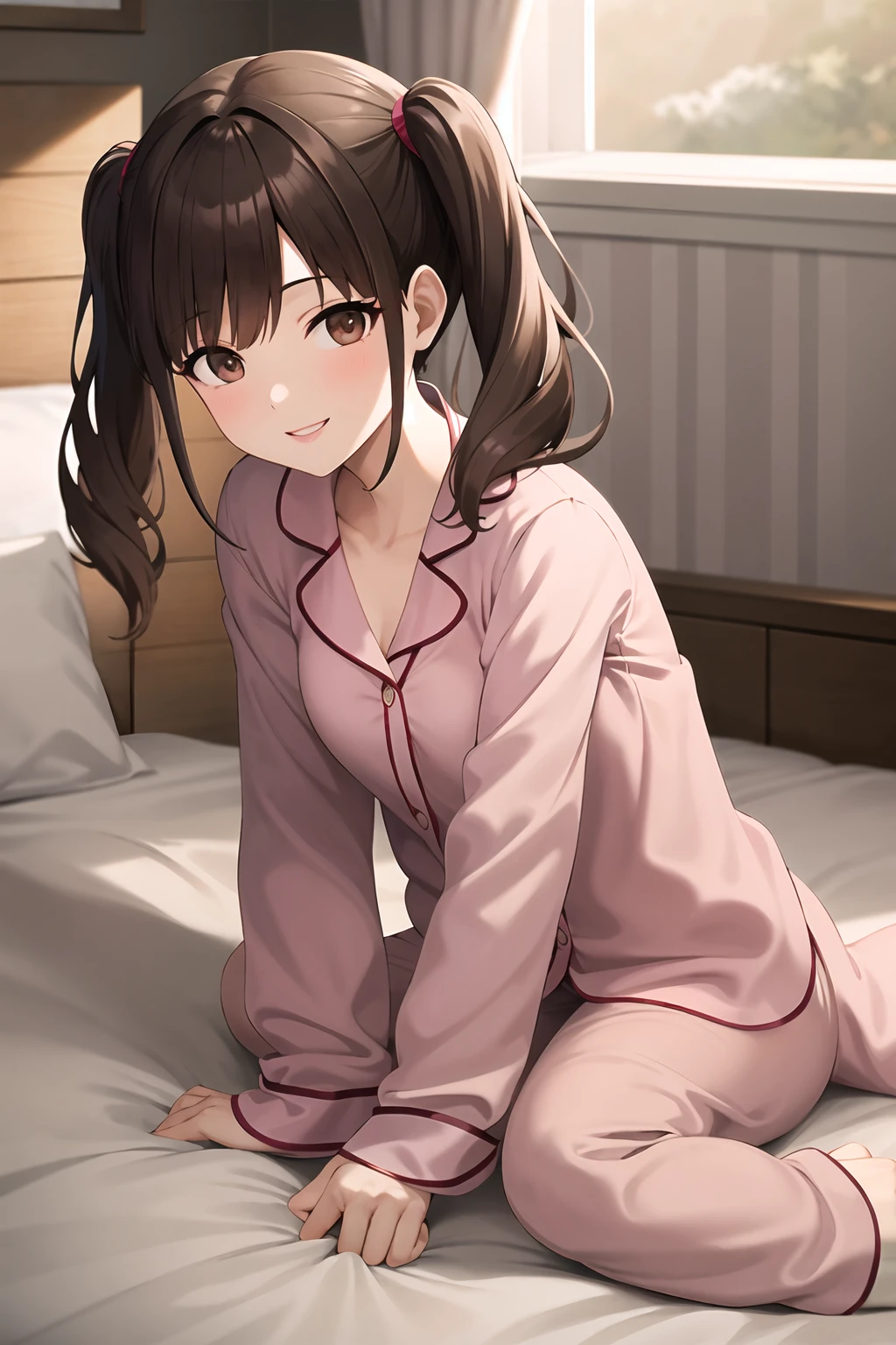 masterpiece, Highest quality, High resolution, Hot, Double Bang, Twin tails, pajamas, room, bed, wariza, smile, pillow,