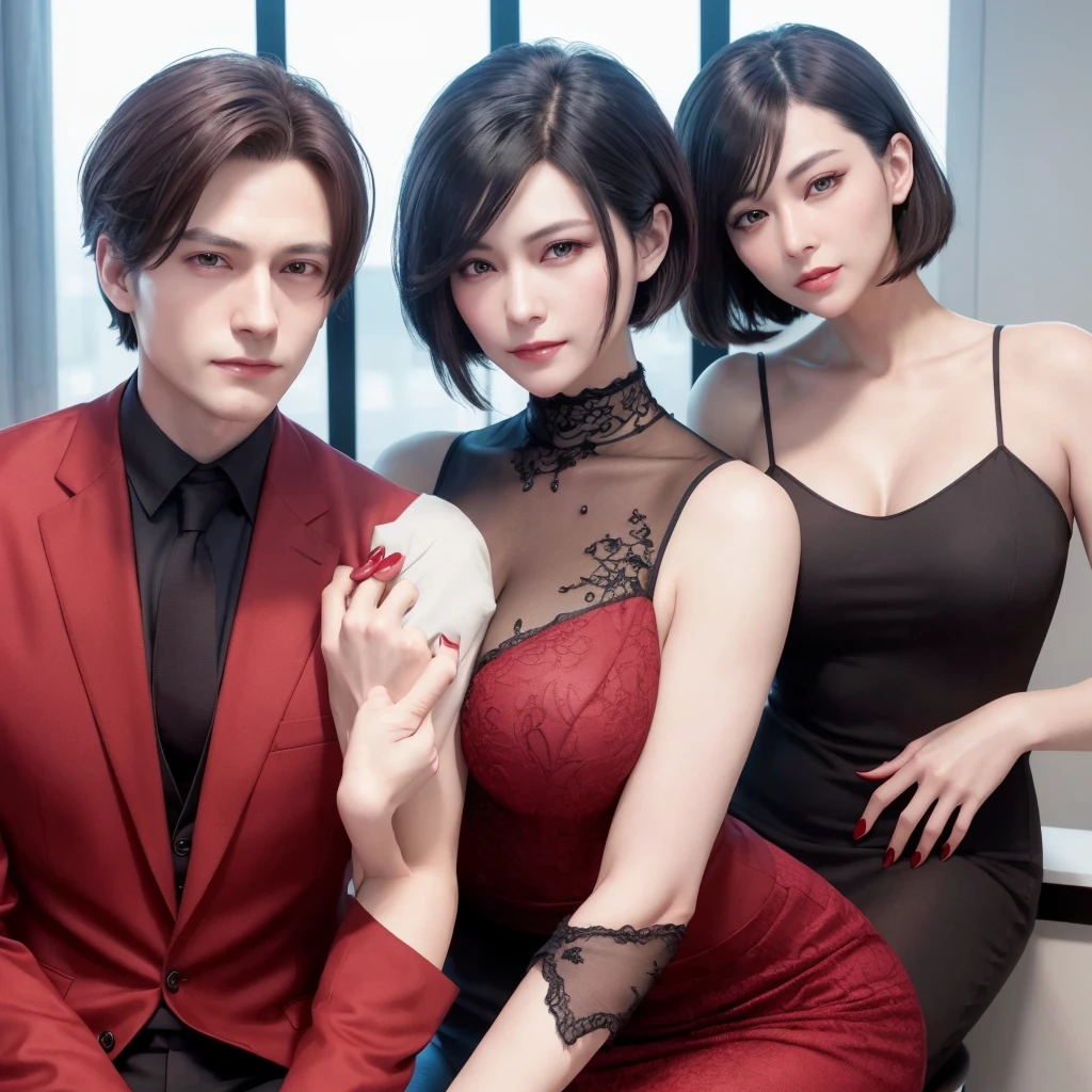 Ada Wong, beautiful face, detailed, bob hair, perfect Face, wearing red dress, black nail polish, friendly face, glare, shy & her husband, Peter Parker, handsome face, detailed, brown hair, blue eyes, perfect face, wearing a black suit, friendly face, glare.
