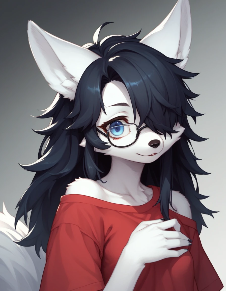 Solo, score_9,score_8_up,score_7_up, kemono style, a young nerdy Anthro furry wolf woman, wolf snout, white furry body, tall, long black messy hair, black hair, hair in a pony tail, hair covering one eye, white wolf tail, blue eyes, white wolf ears, white wolf tail, small breasts, wearing oversized red shirt, exposed shoulder, black thick rimmed glasses, close up; portrait