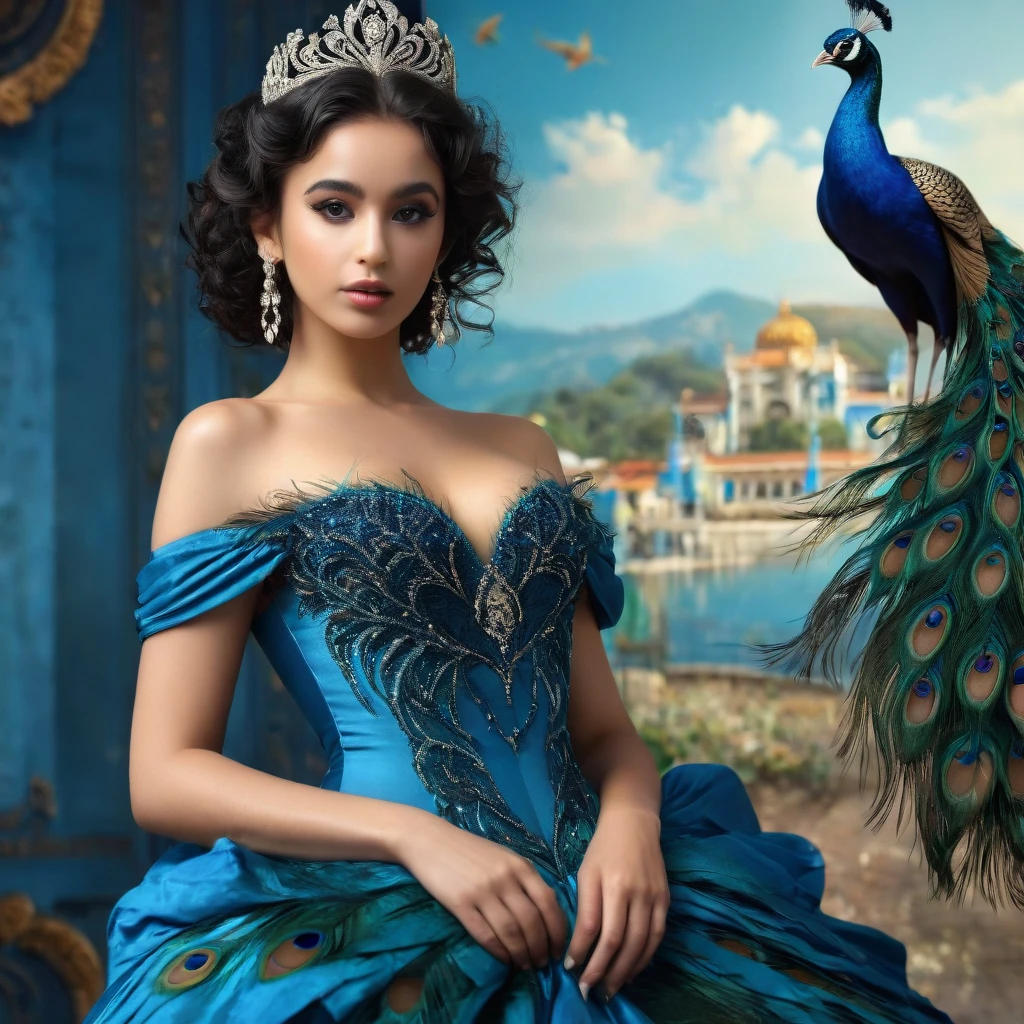 PROMPT: photorealistic,realistic,photography,masterpiece,best quality,ultra-detailed,extremely detailed, 8k wallpaper,1girl,looking at viewer,full body,off shoulder,tiara,makeup,breasts,black hair,curly hair,lips,dress,jewelry,earrings,bird,peacock strapless dress, feathers blue dress, abstract,peacock background,