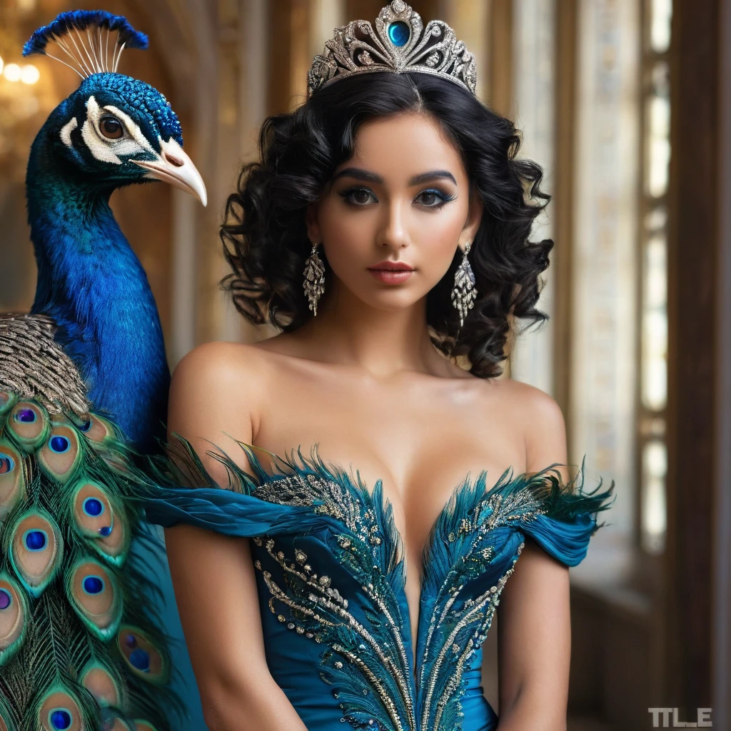 PROMPT: photorealistic,realistic,photography,masterpiece,best quality,ultra-detailed,extremely detailed, 8k wallpaper,1girl,looking at viewer,full body,off shoulder,tiara,makeup,breasts,black hair,curly hair,lips,dress,jewelry,earrings,bird,peacock strapless dress, feathers blue dress, abstract,peacock background,