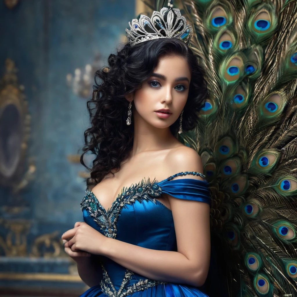 PROMPT: photorealistic,realistic,photography,masterpiece,best quality,ultra-detailed,extremely detailed, 8k wallpaper,1girl,looking at viewer,full body,off shoulder,tiara,makeup,breasts,black hair,curly hair,lips,dress,jewelry,earrings,bird,peacock strapless dress, feathers blue dress, abstract,peacock background,